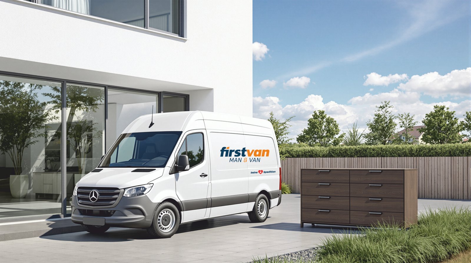 Lieferwagen von firstvan.ch vor einem modernen Wohnhaus – Wir bieten schweizweit Mini-Umzüge an