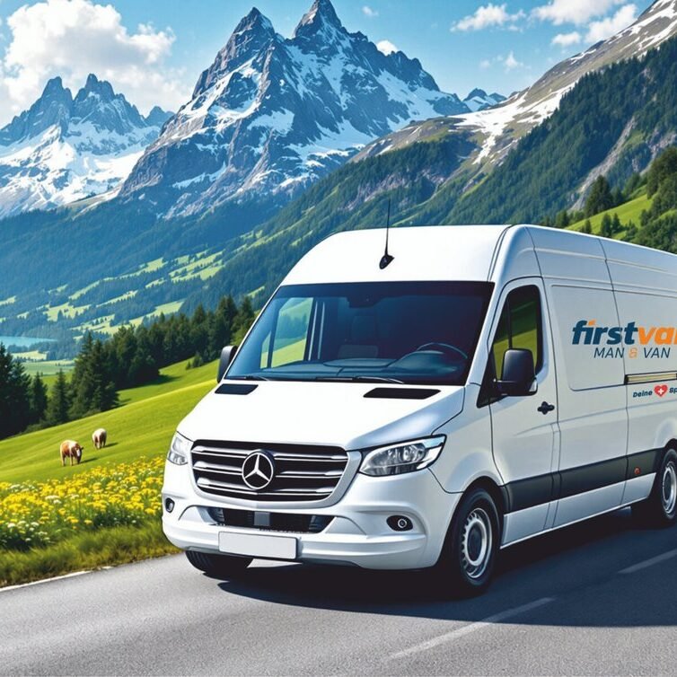 Lieferwagen von firstvan.ch auf einer Schweizer Landstraße unterwegs – Wir bieten schweizweit Kleintransporte an